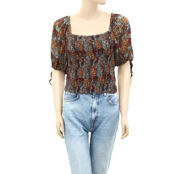 Free People Back On Crop Top Smocked Puff Sleeves Floral Printed S - Picture 4 of 8